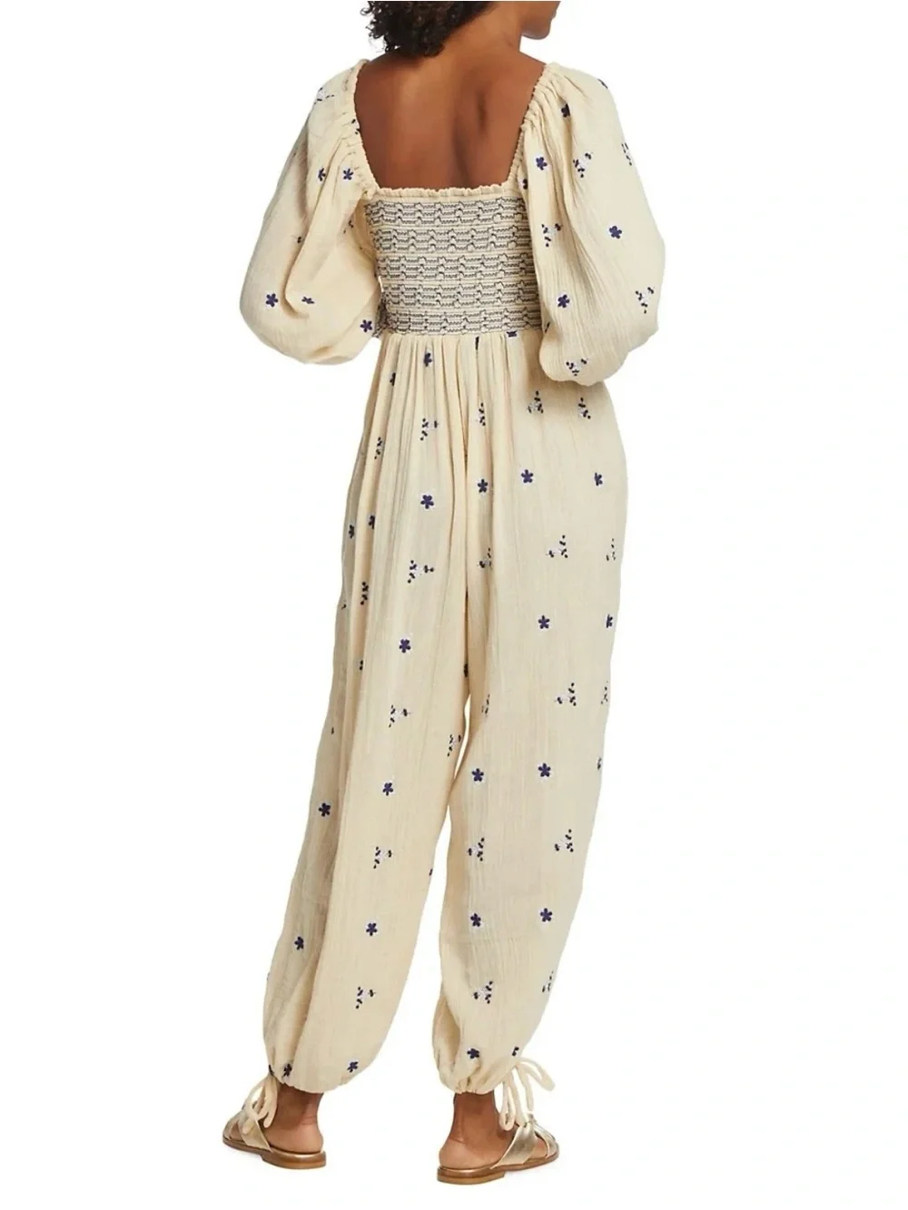 Free People Dahlia Smocked Wide Balloon Leg Jumpsuit Ecru Boho Embroidered  Sz L